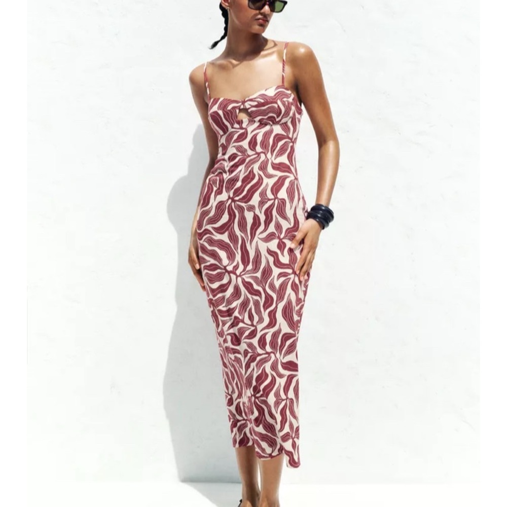 Zara Elegant Red and White Patterned Dress